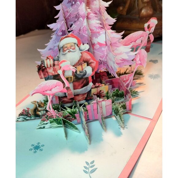3D Christmas Card Flamingo Tree Santa Pink - Picture 4 of 14